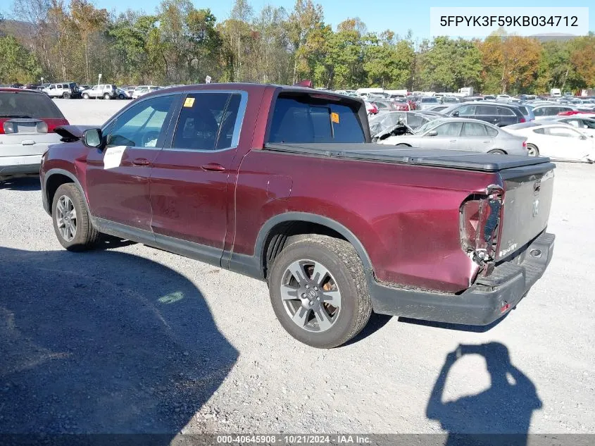 2019 Honda Ridgeline Rtl VIN: 5FPYK3F59KB034712 Lot: 40645908