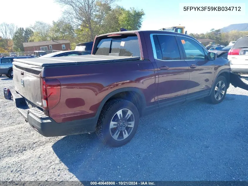 2019 Honda Ridgeline Rtl VIN: 5FPYK3F59KB034712 Lot: 40645908