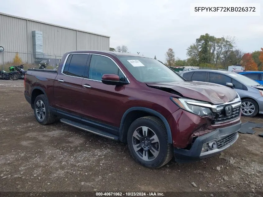 2019 Honda Ridgeline Rtl-E VIN: 5FPYK3F72KB026372 Lot: 40671062