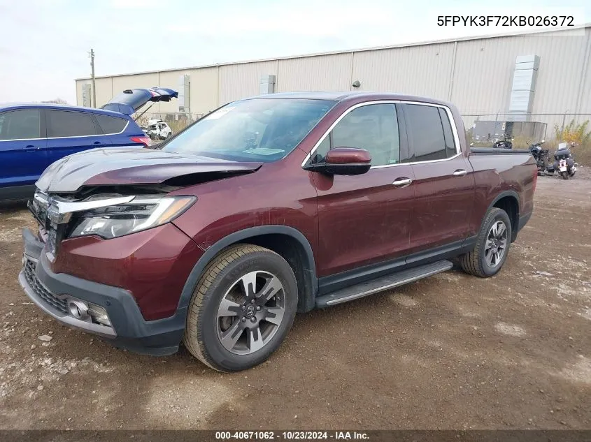 2019 Honda Ridgeline Rtl-E VIN: 5FPYK3F72KB026372 Lot: 40671062