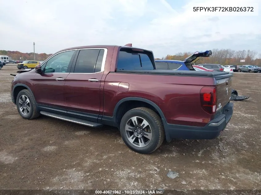 2019 Honda Ridgeline Rtl-E VIN: 5FPYK3F72KB026372 Lot: 40671062