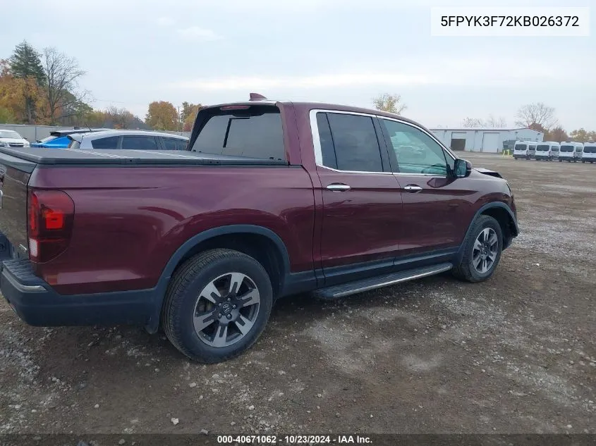 2019 Honda Ridgeline Rtl-E VIN: 5FPYK3F72KB026372 Lot: 40671062