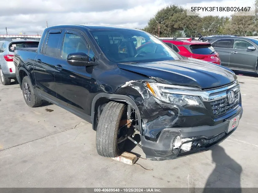 2019 Honda Ridgeline Sport VIN: 5FPYK3F18KB026467 Lot: 40689548