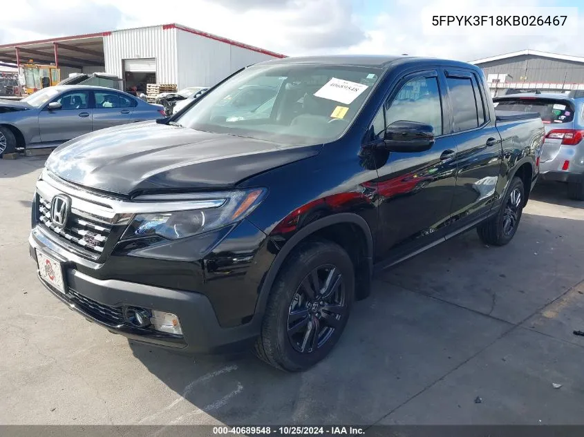 5FPYK3F18KB026467 2019 Honda Ridgeline Sport