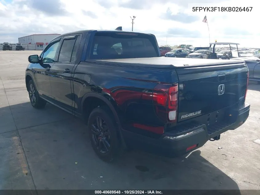 2019 Honda Ridgeline Sport VIN: 5FPYK3F18KB026467 Lot: 40689548