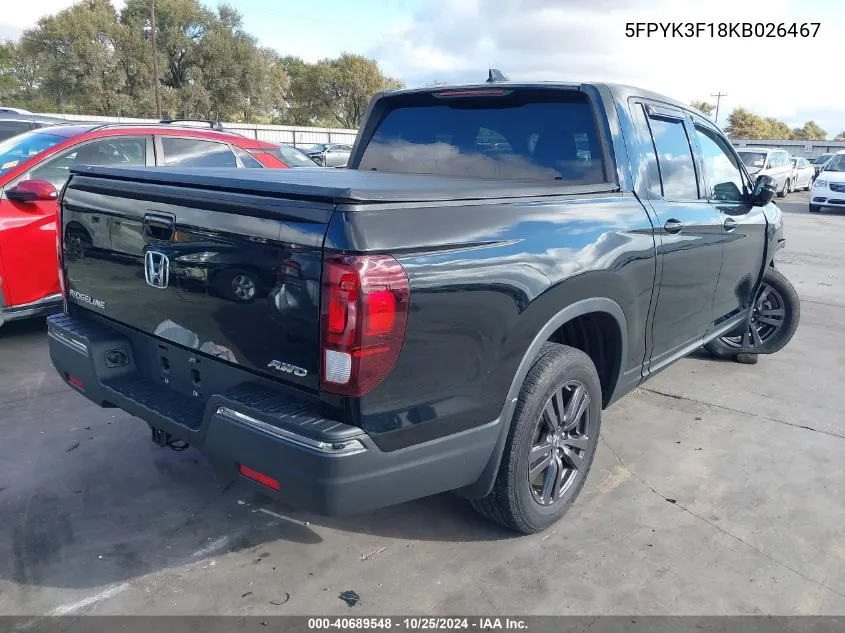 2019 Honda Ridgeline Sport VIN: 5FPYK3F18KB026467 Lot: 40689548