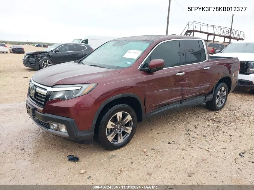 2019 Honda Ridgeline Rtl-E VIN: 5FPYK3F78KB012377 Lot: 40724364