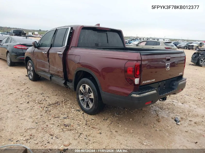 2019 Honda Ridgeline Rtl-E VIN: 5FPYK3F78KB012377 Lot: 40724364