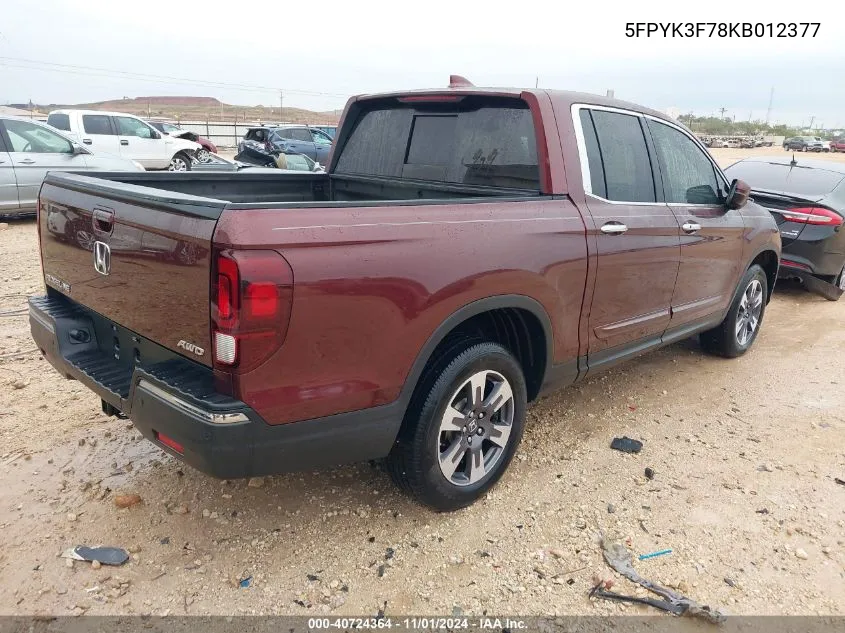 2019 Honda Ridgeline Rtl-E VIN: 5FPYK3F78KB012377 Lot: 40724364