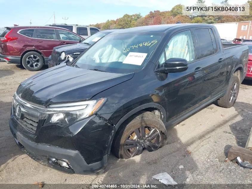 2019 Honda Ridgeline Sport VIN: 5FPYK3F15KB040813 Lot: 40748465