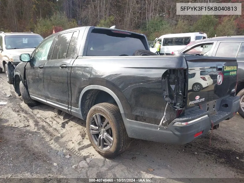 2019 Honda Ridgeline Sport VIN: 5FPYK3F15KB040813 Lot: 40748465