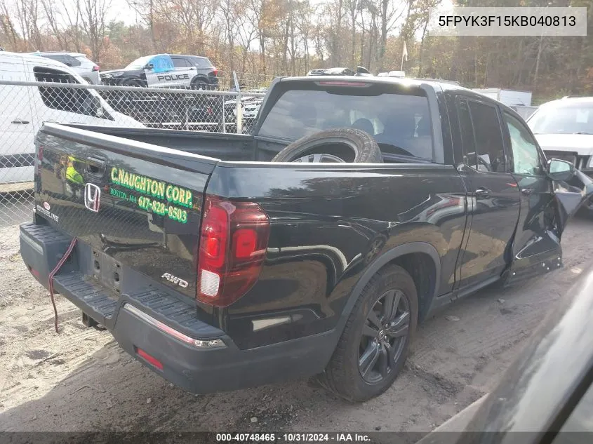 2019 Honda Ridgeline Sport VIN: 5FPYK3F15KB040813 Lot: 40748465