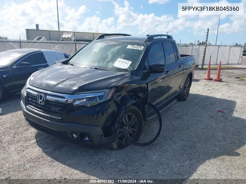 2019 Honda Ridgeline Sport VIN: 5FPYK3F18KB045360 Lot: 40787562