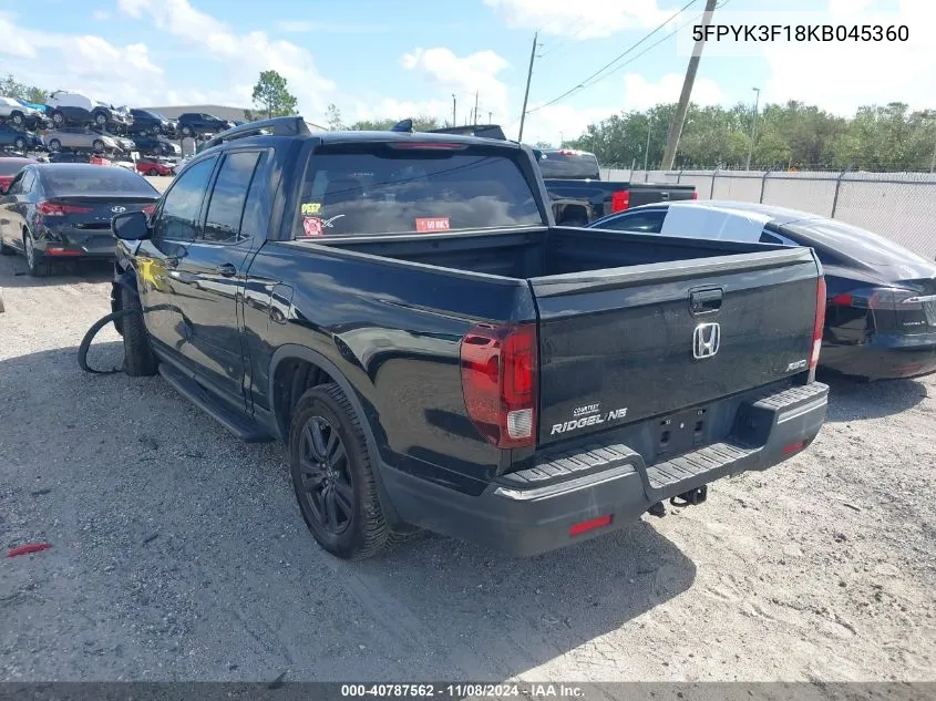 2019 Honda Ridgeline Sport VIN: 5FPYK3F18KB045360 Lot: 40787562