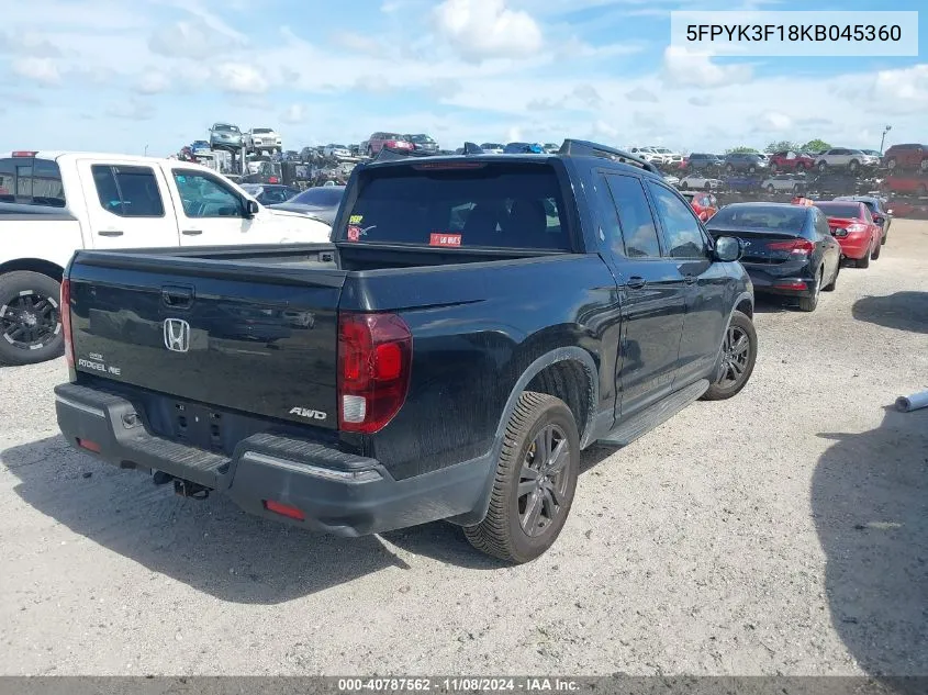 2019 Honda Ridgeline Sport VIN: 5FPYK3F18KB045360 Lot: 40787562