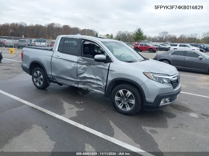 2019 Honda Ridgeline Rtl VIN: 5FPYK3F74KB016829 Lot: 40801029