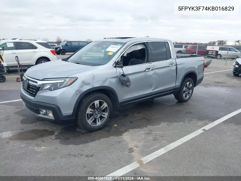 2019 Honda Ridgeline Rtl VIN: 5FPYK3F74KB016829 Lot: 40801029