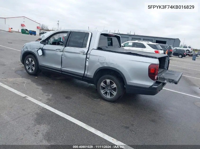 2019 Honda Ridgeline Rtl VIN: 5FPYK3F74KB016829 Lot: 40801029