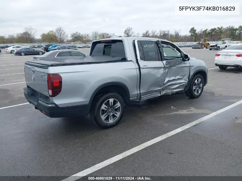 2019 Honda Ridgeline Rtl VIN: 5FPYK3F74KB016829 Lot: 40801029