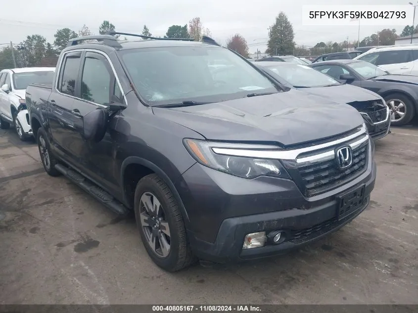 2019 Honda Ridgeline Rtl VIN: 5FPYK3F59KB042793 Lot: 40805167