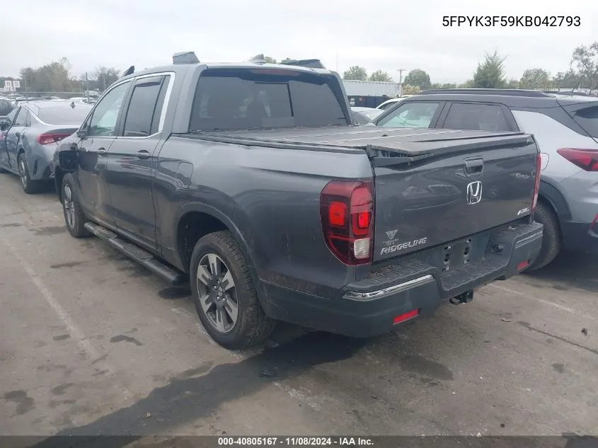 2019 Honda Ridgeline Rtl VIN: 5FPYK3F59KB042793 Lot: 40805167