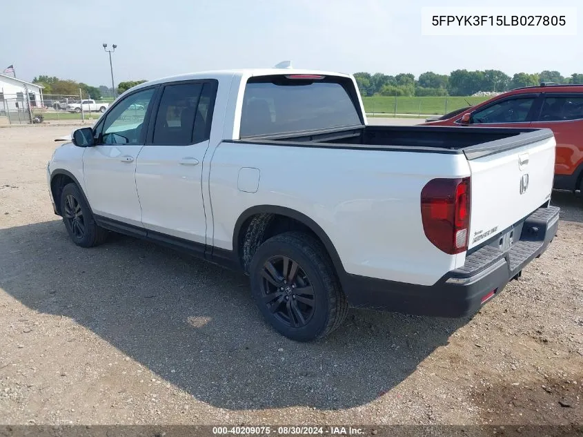 2020 Honda Ridgeline Awd Sport VIN: 5FPYK3F15LB027805 Lot: 40209075