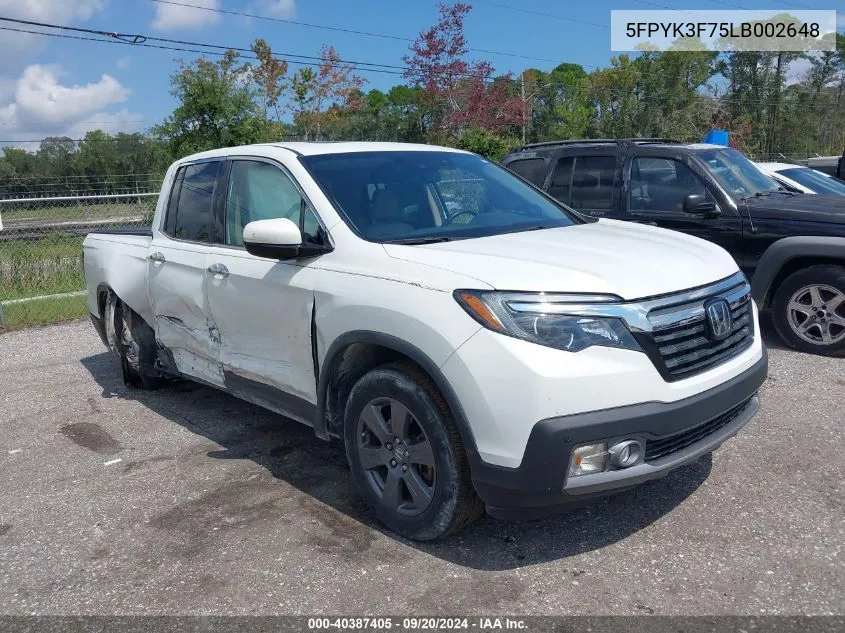 2020 Honda Ridgeline Rtl-E VIN: 5FPYK3F75LB002648 Lot: 40387405