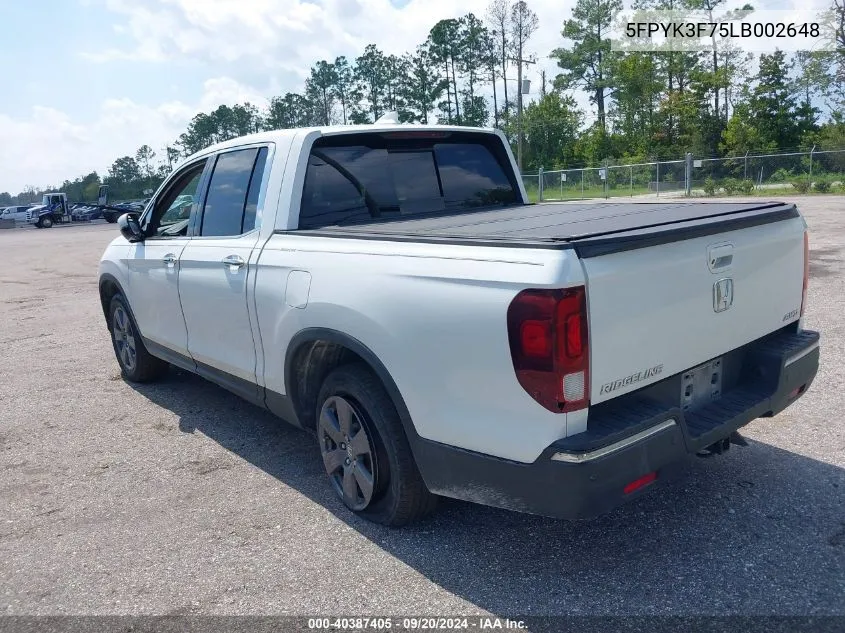 2020 Honda Ridgeline Rtl-E VIN: 5FPYK3F75LB002648 Lot: 40387405