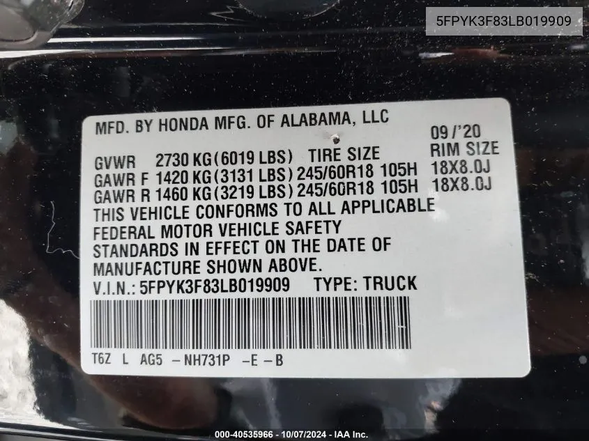 2020 Honda Ridgeline Black Edition VIN: 5FPYK3F83LB019909 Lot: 40535966