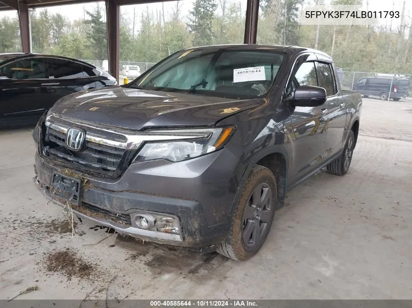 2020 Honda Ridgeline Rtl-E VIN: 5FPYK3F74LB011793 Lot: 40585644