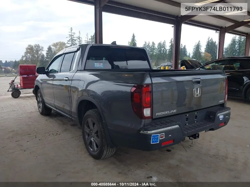 2020 Honda Ridgeline Rtl-E VIN: 5FPYK3F74LB011793 Lot: 40585644