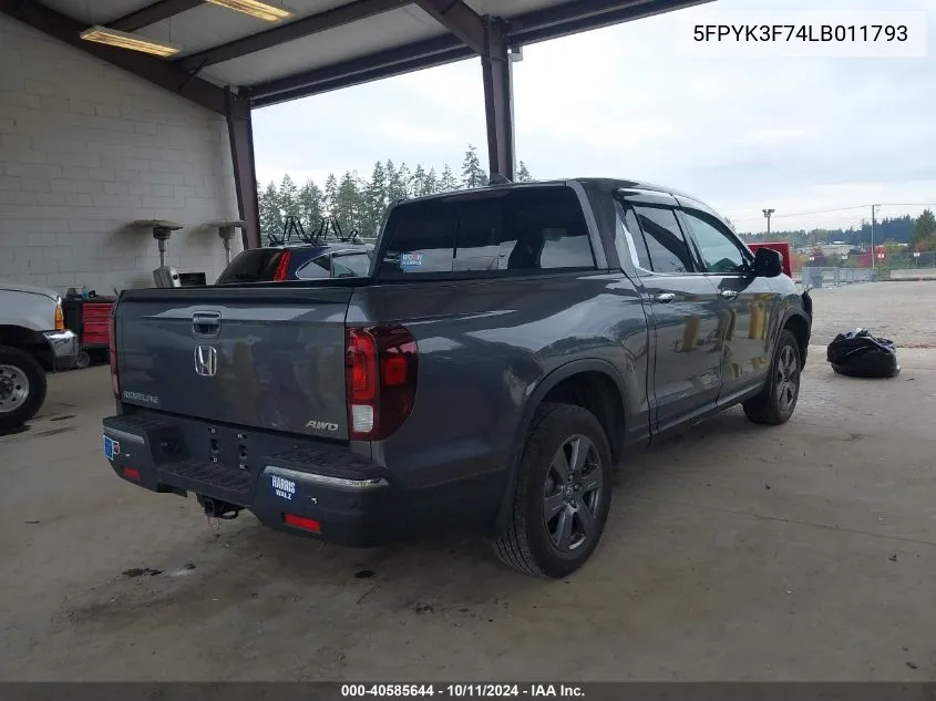 2020 Honda Ridgeline Rtl-E VIN: 5FPYK3F74LB011793 Lot: 40585644