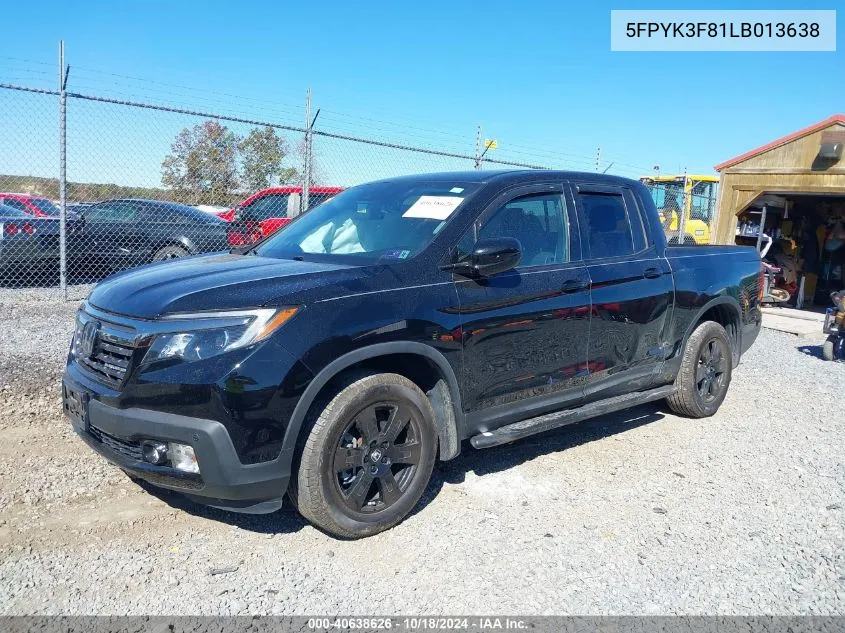 2020 Honda Ridgeline Black Edition VIN: 5FPYK3F81LB013638 Lot: 40638626