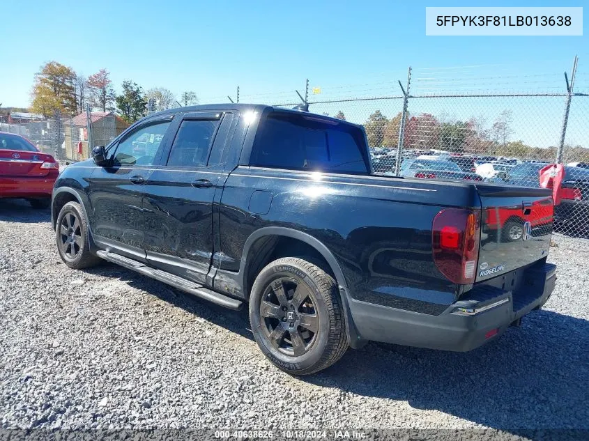 2020 Honda Ridgeline Black Edition VIN: 5FPYK3F81LB013638 Lot: 40638626