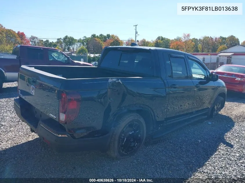 2020 Honda Ridgeline Black Edition VIN: 5FPYK3F81LB013638 Lot: 40638626