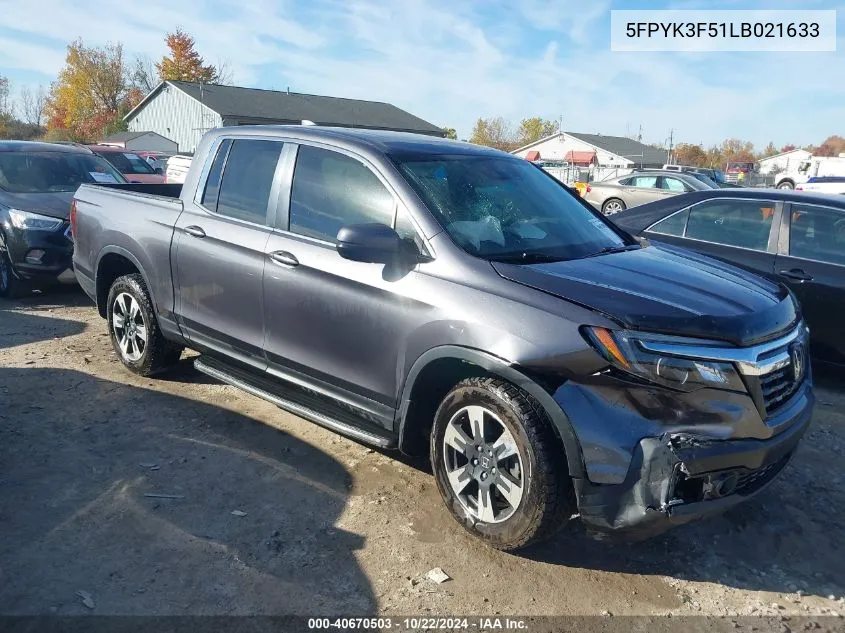 2020 Honda Ridgeline Awd Rtl VIN: 5FPYK3F51LB021633 Lot: 40670503