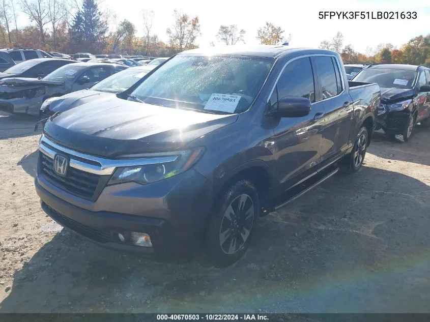 2020 Honda Ridgeline Awd Rtl VIN: 5FPYK3F51LB021633 Lot: 40670503