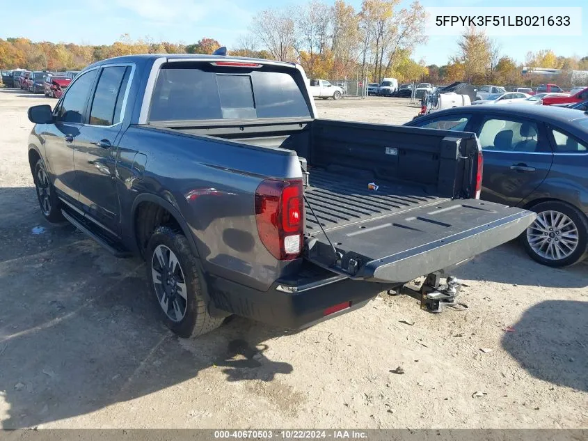 2020 Honda Ridgeline Awd Rtl VIN: 5FPYK3F51LB021633 Lot: 40670503