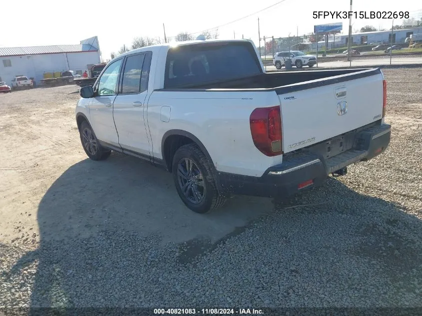 2020 Honda Ridgeline Awd Sport VIN: 5FPYK3F15LB022698 Lot: 40821083