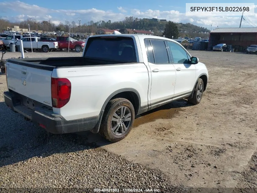 2020 Honda Ridgeline Awd Sport VIN: 5FPYK3F15LB022698 Lot: 40821083