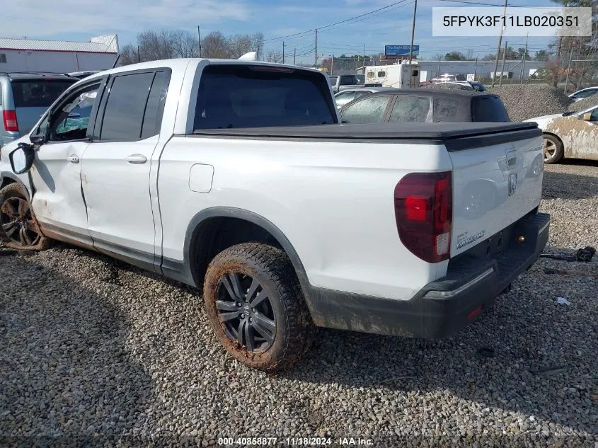 2020 Honda Ridgeline Awd Sport VIN: 5FPYK3F11LB020351 Lot: 40858877