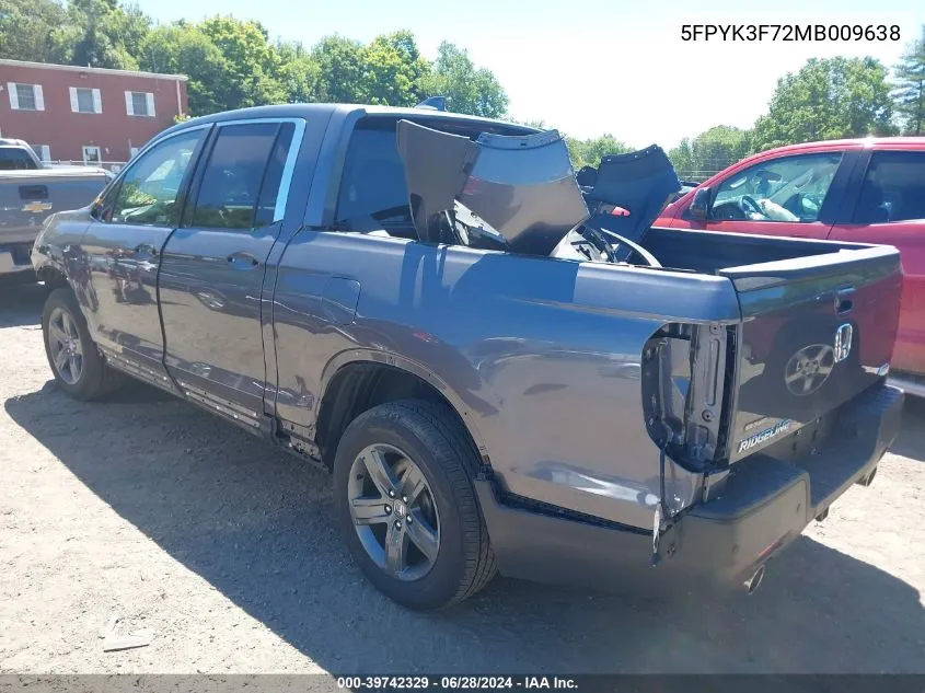 2021 Honda Ridgeline Rtl-E VIN: 5FPYK3F72MB009638 Lot: 39742329