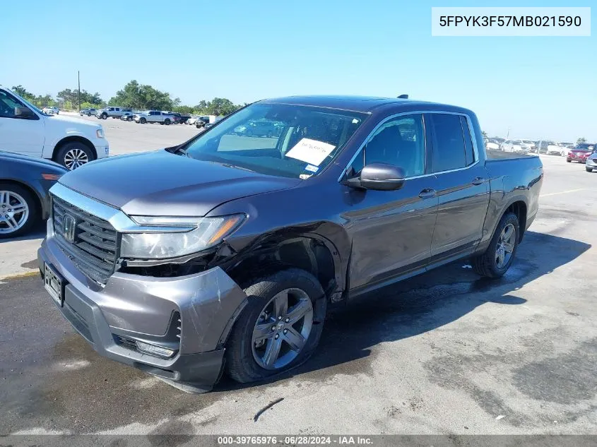 2021 Honda Ridgeline Awd Rtl VIN: 5FPYK3F57MB021590 Lot: 39765976