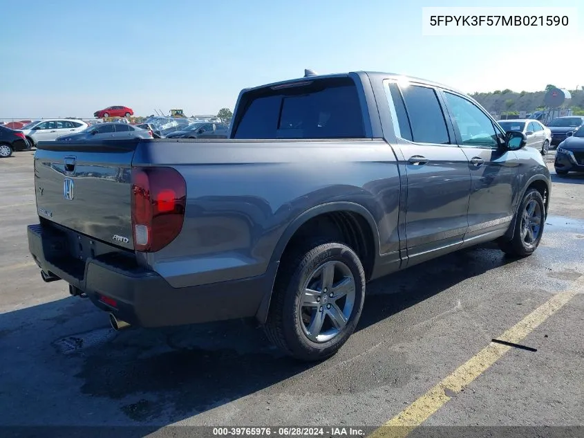 2021 Honda Ridgeline Awd Rtl VIN: 5FPYK3F57MB021590 Lot: 39765976