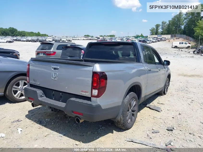 2021 Honda Ridgeline Awd Sport VIN: 5FPYK3F10MB021413 Lot: 39847416