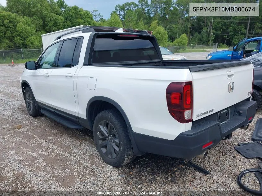 2021 Honda Ridgeline Awd Sport VIN: 5FPYK3F10MB000674 Lot: 39898206