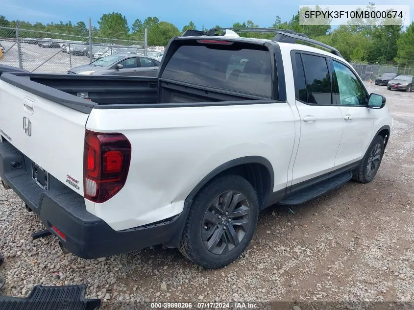 2021 Honda Ridgeline Awd Sport VIN: 5FPYK3F10MB000674 Lot: 39898206