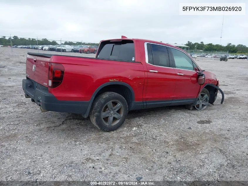 2021 Honda Ridgeline Rtl VIN: 5FPYK3F73MB026920 Lot: 40292072