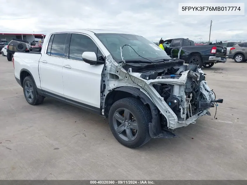 2021 Honda Ridgeline Rtl VIN: 5FPYK3F76MB017774 Lot: 40320360