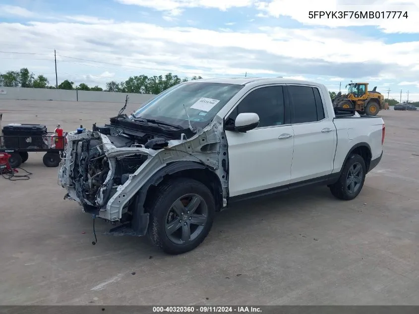 2021 Honda Ridgeline Rtl VIN: 5FPYK3F76MB017774 Lot: 40320360